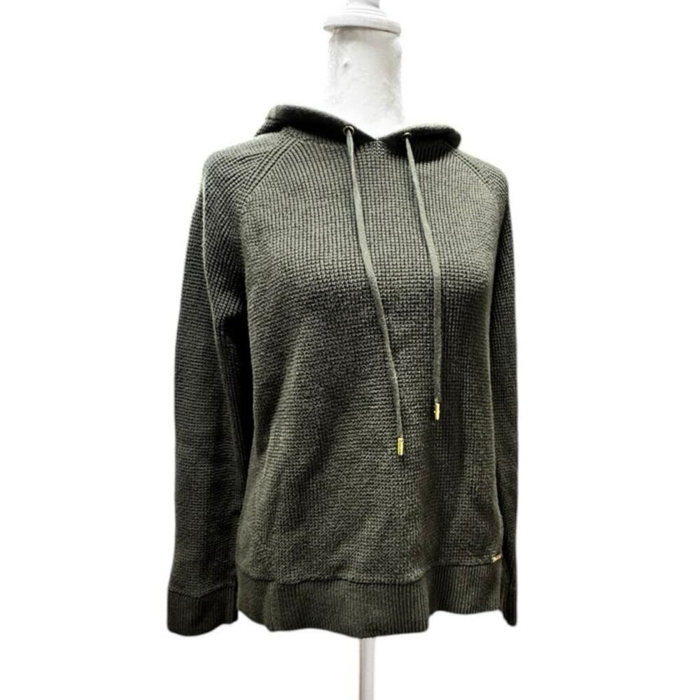 MICHAEL KORS Ivy Green Waffle Knit Hooded Sweater Top W/Gold Accents Large
